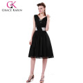 2015 Grace Karin V-Neck Sleeveless Chiffon Knee Length Black Evening Party Dresses CL4361